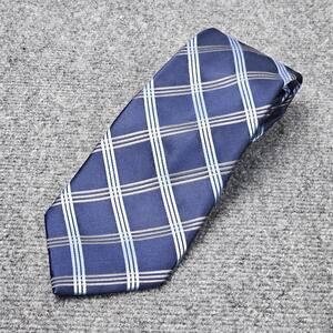 Bugatti Neck Tie Blue Diamond Plaid Pattern 100% Silk‎ Navy White Band Stripes
